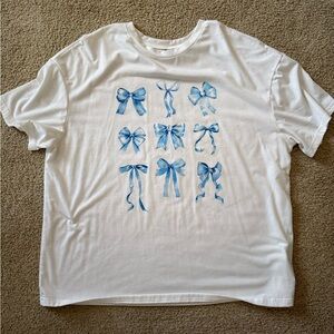 SHEIN White Tee with Blue Ribbon Designs